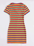 Women's Striped Embroidery V Neck Ribbed Knit Bodycon Mini Dress Rainbow Short Sleeve Collar T Shirt Dresses
