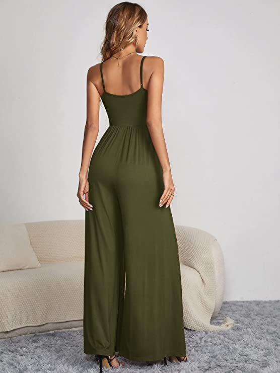 Women's Scoop Neck Sleeveless Button Down Wide Leg Cami Jumpsuit Playsuits