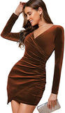 Women's Ruched V Neck Wrap Velvet Cocktail Bodycon Short Dress