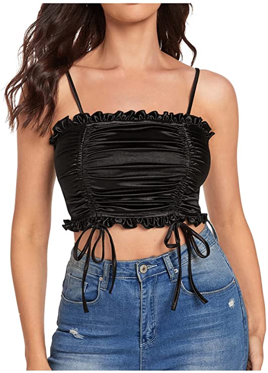 Women's Ruched Crop Cami Top Drawstring Strappy Self Tie Solid Camisol –  Divahotcouture