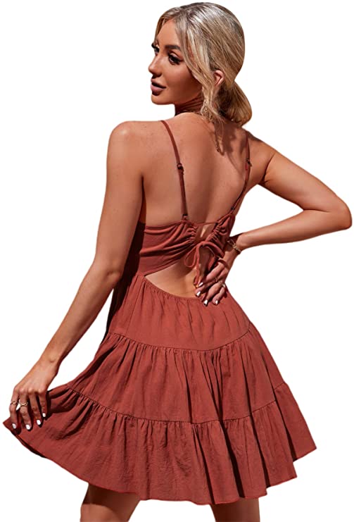 Women's Backless Cut Out Tied Mini Dress Sleeveless Ruffle Cami Dresses