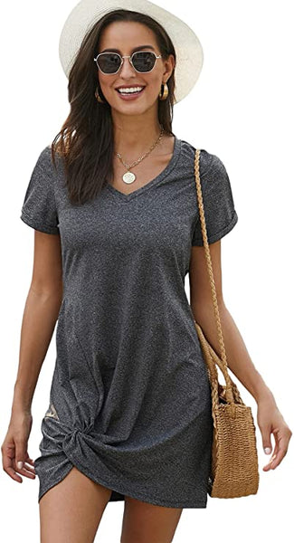 Women's Twist Front Short Sleeve Mini Dress V Neck Cut Out T Shirt Short Dresses
