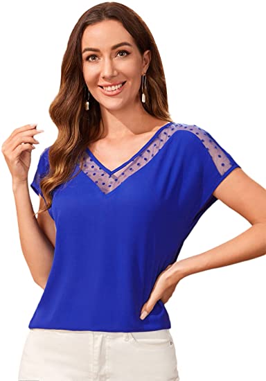 Women's Polka Dots Contrast Mesh Batwing Short Sleeve Shirt Blouse Top
