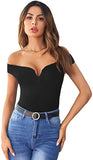 Women's Off Shoulder Crop Tee Top Short Sleeve Notch Neck Ribbed Knit T Shirt