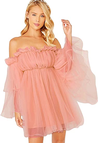 knee length dresses for ladies Mesh Puff Sleeve Off the Shoulder Floral Tiered A Line Dress