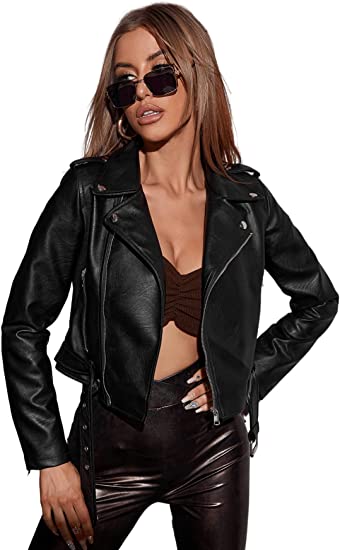 Women's Faux Leather Moto Jacket Zip-Up Coat Lapel Neck Short Outwear Tops
