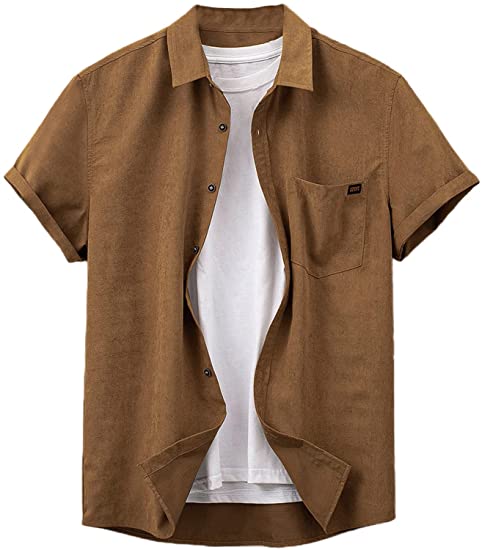 Men's Casual Button Down Cuffed Short Sleeve Pocket Front Solid Shirt Tops
