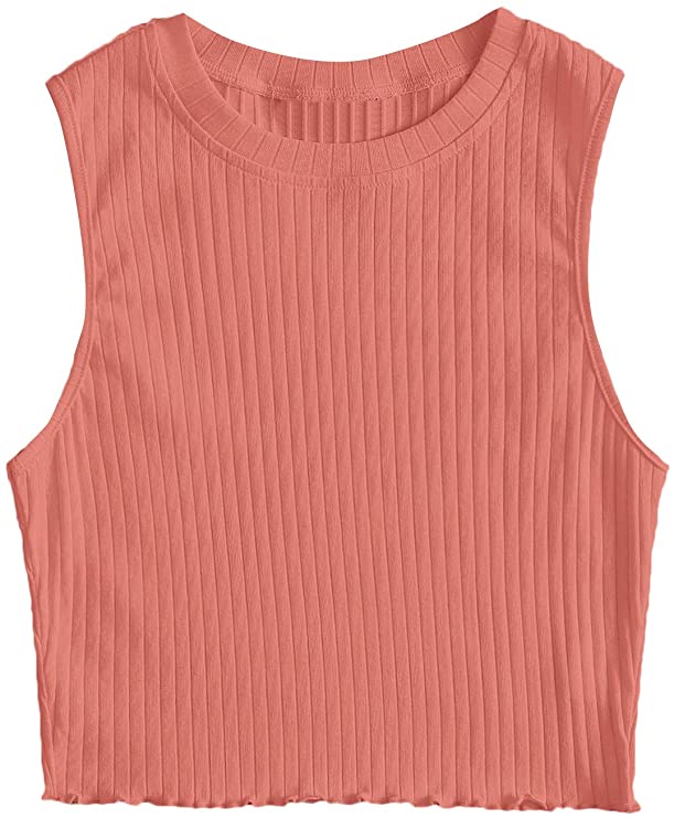 Women's Lettuce Trim Round Neck Sleeveless Rib Knit Crop Cami Tank Top