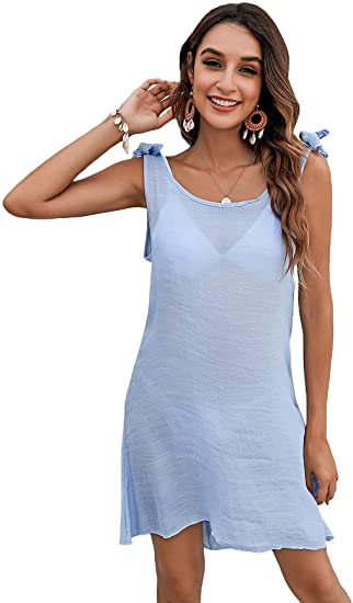 Women's Scoop Neck Bathing Suit Cover Ups Sleeveless Tie Shoulder Beach Dresses