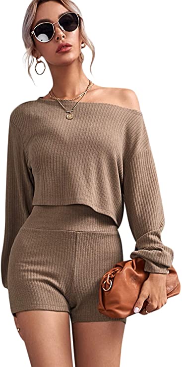 Women's Boat Neck Rib Knit Crop Top and High Waist Skinny Shorts Set