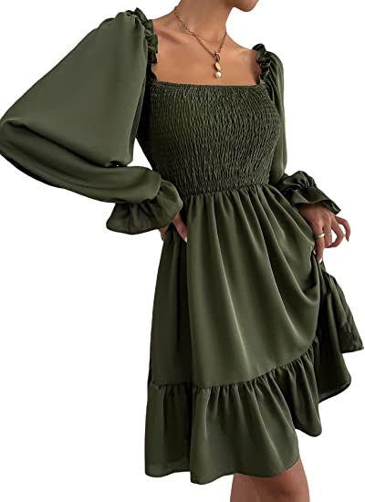 Women's Shirred Ruffle Long Flounce Sleeve Mini A Line Dress Square Neck High Waist Short Dresses