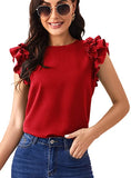 Women's Casual Round Neck Ruffles Solid Top Cap Sleeve Keyhole Back Blouse