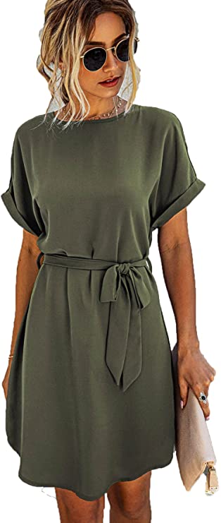 Women's Casual Short Sleeve Round Neck Self Belted Straight Mini Dress