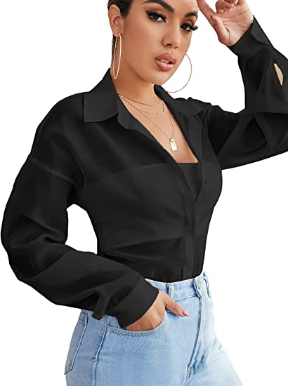 Women's Sheer Button Down Top Long Sleeve Collar Drop Shoulder Blouse Shirt