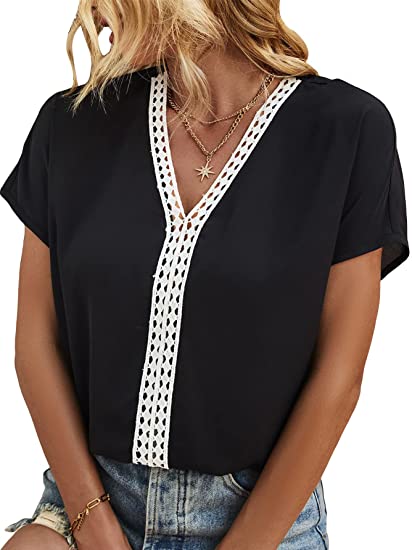 Women's Polka Dots Contrast Mesh Batwing Short Sleeve Shirt Blouse Top