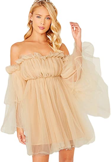 Women's Romantic Off Shoulder Flounce Long Sleeve Wedding Ruffle Mesh Party Mini Dress