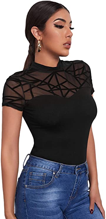 Women's Sheer Mesh Short Sleeve Tee Top Mock Neck Geo T Shirt