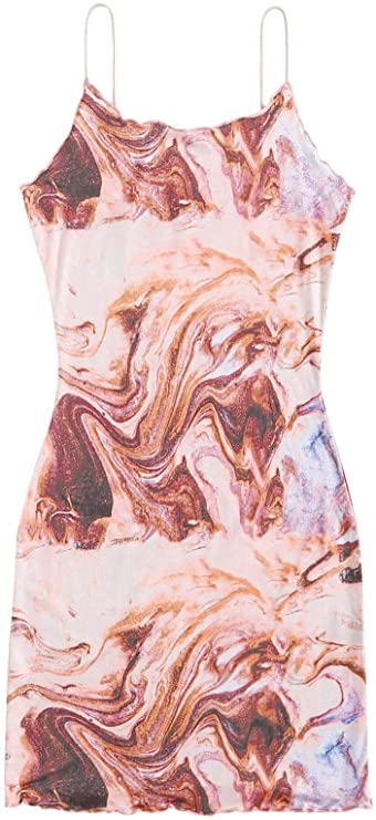 Women's Marble Print Sleeveless Mini Bodycon Dress Frill Pencil Short Dresses