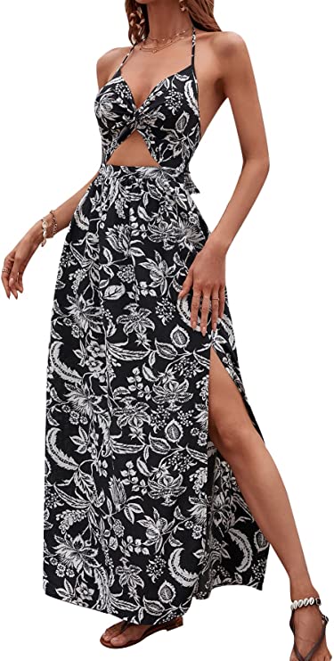 Women's Tropical Print Backless Cut Out Split Maxi Dress Twist Front Halter Neck Sleeveless Summer Swing Dresses