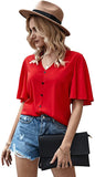 Women's Butterfly Sleeve Button Front V Neck Casual Blouse Tops