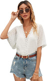 Women's Short Sleeve V Neck Summer Lace Tops Swiss Dots Casual Blouses Tee Shirts