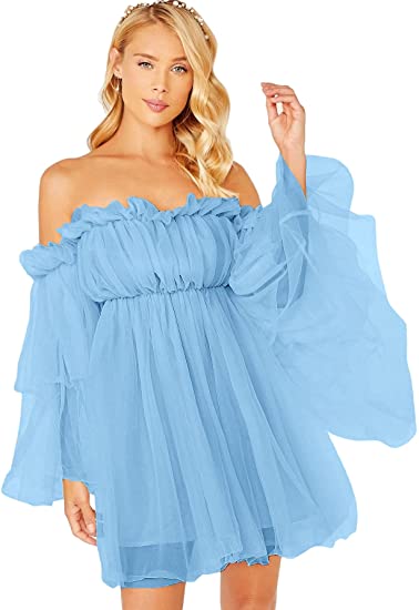 Women's Romantic Off Shoulder Flounce Long Sleeve Wedding Ruffle Mesh Party Mini Dress