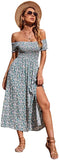 Women's Ditsy Floral Print Split Off Shoulder Short Sleeve Dress Thigh Shirred Maxi A Line Dress