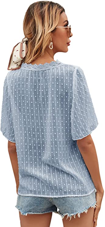 Women's Short Sleeve V Neck Summer Lace Tops Swiss Dots Casual Blouses Tee Shirts
