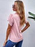 Women's Lace Trim Short Petal Sleeve Round Neck Casual Blouse Shirts Top