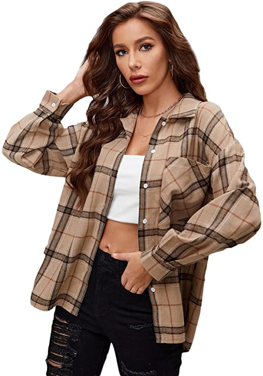 Women's Plaid Button Down Long Sleeve Blouse Lapel Collar Tunic Top Shirt