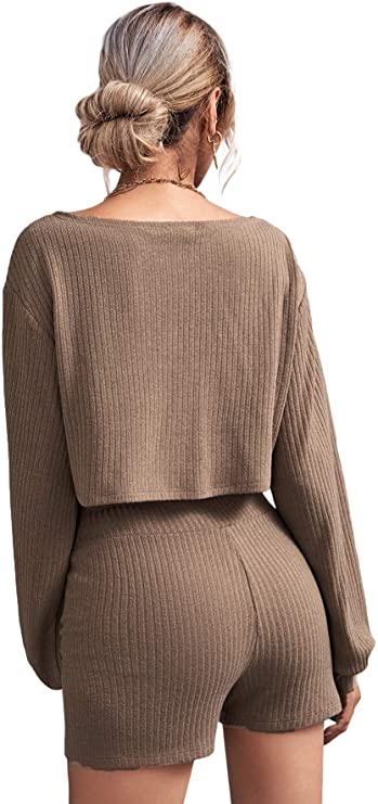 Women's Boat Neck Rib Knit Crop Top and High Waist Skinny Shorts Set