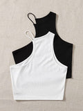 Women's 2 Piece Cut Out Halter Tank Top Sleeveless One Shoulder Ribbed Knit Crop Tops