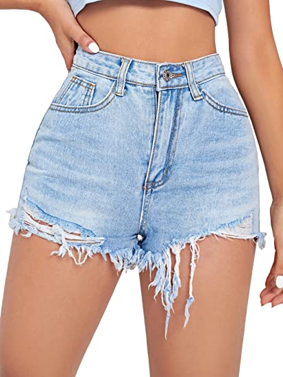 Women's Distressed High Waisted Jeans Shorts Ripped Raw Hem Denim Shorts with Po