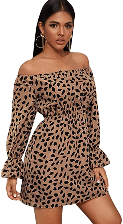 Women's Off Shoulder Lantern Long Sleeve Mini A Line Dress Ruffle Leopard Print Short Dresses