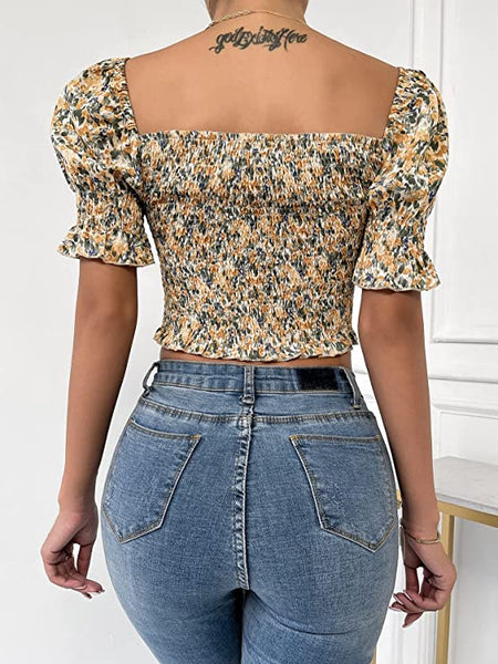 Women's Floral Puff Sleeve Shirred Blouse Tie Front Sweetheart Neck Slim Fit Shi