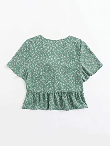 Women's Floral Tie Front Blouse Short Sleeve Ruffle V Neck Crop Top