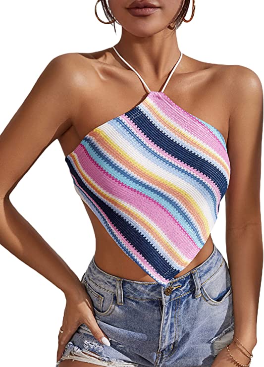 Women's Criss Cross Tie Back Halter Crop Top Backless Sleeveless Asymmetrical Bandana Top