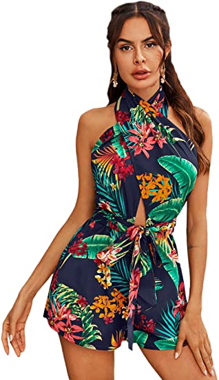 Women's Sexy Cutout Criss Cross Tie Back Tropical Print Halter Romper