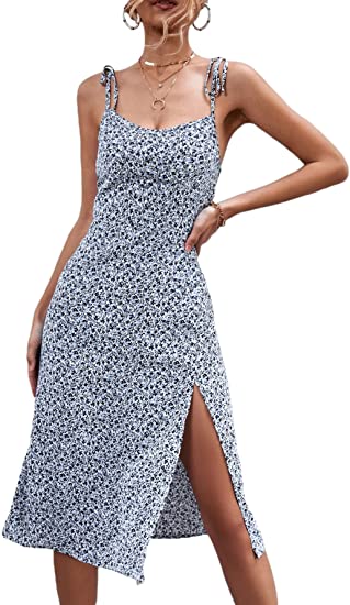 Women's Split Thigh Floral Print Ruched Spaghetti Strap Sleeveless Midi Dresses