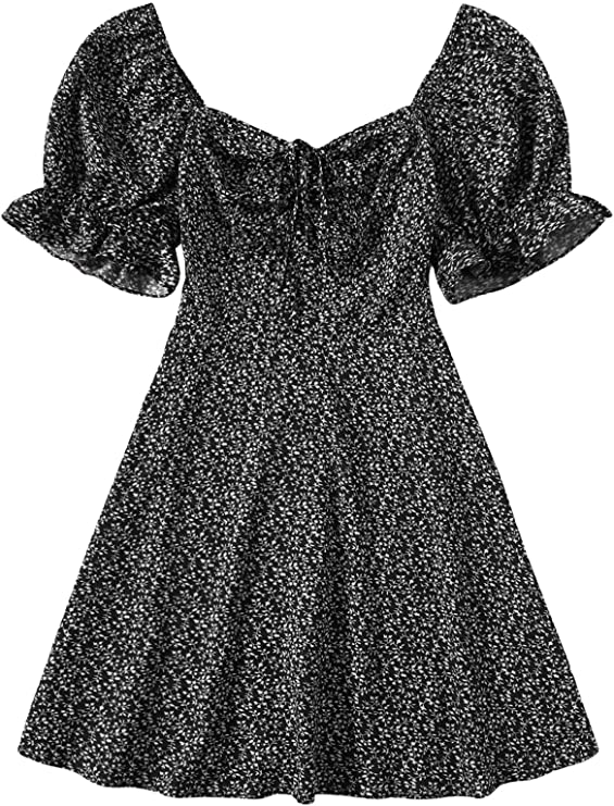 Women's Floral Puff Short Sleeve Flare Mini Dress Ruffle Drawstring Ruched Swing Short Dresses