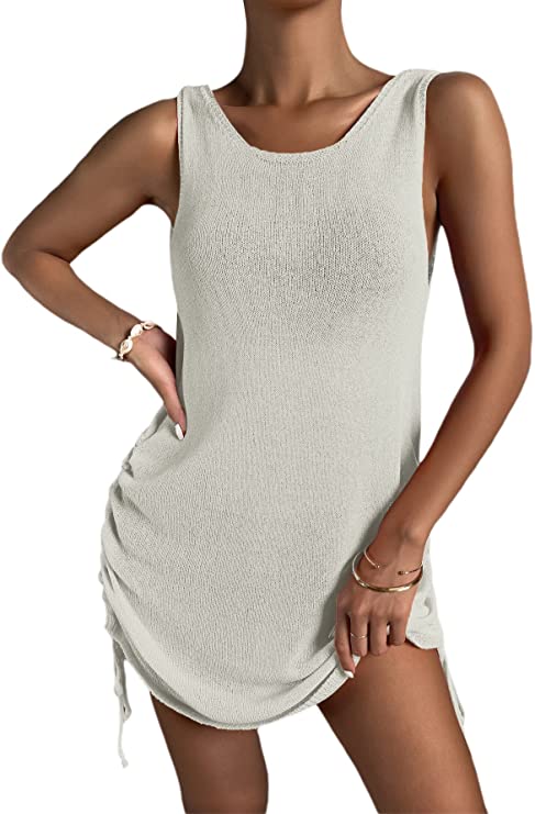 Women's Open Backless Side Drawstring Crochet Beach Swimsuit Cover Ups Dress