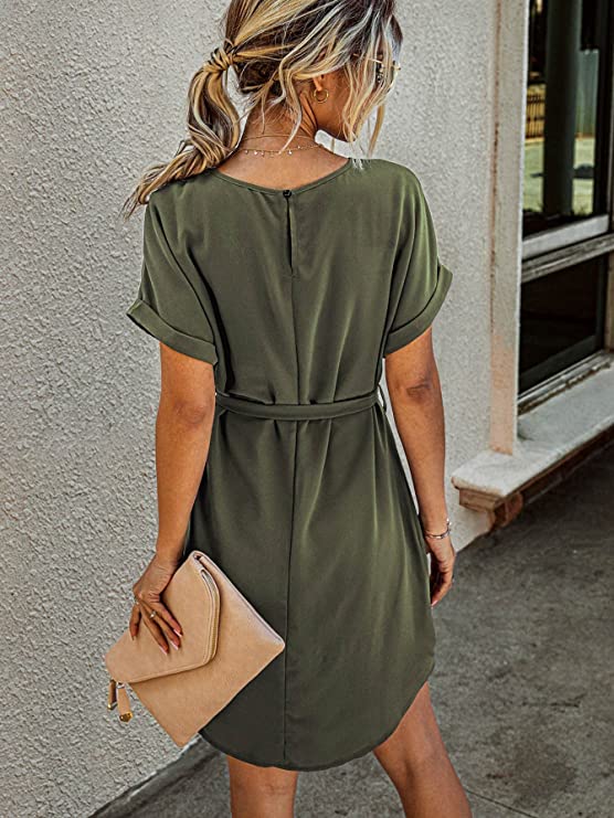 Women's Casual Short Sleeve Round Neck Self Belted Straight Mini Dress