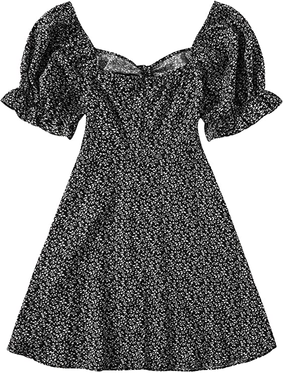 Women's Floral Puff Short Sleeve Flare Mini Dress Ruffle Drawstring Ruched Swing Short Dresses