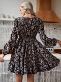 Women's Floral Print Long Sleeve Mini Dress Lace V Neck A Line Dresses