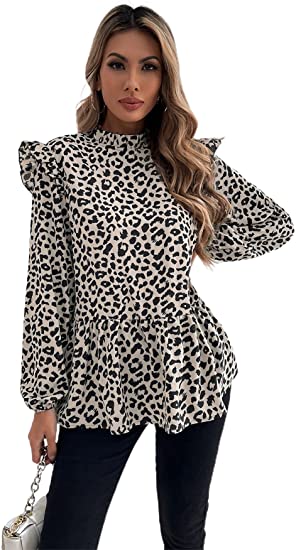 Women's Ruffle Cap Short Sleeve Peplum Top Leopard Mock Neck Blouse Shirt