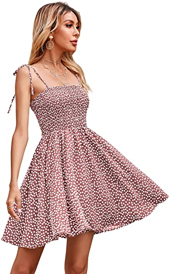 Women's Tie Shoulder Shirred A Line Mini Dress Sleeveless Polka Dot Skater Short Dresses