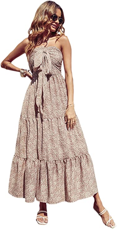 Women's Off Shoulder Tie Bust Shirred Ruffle Hem Flowy Tube Dress