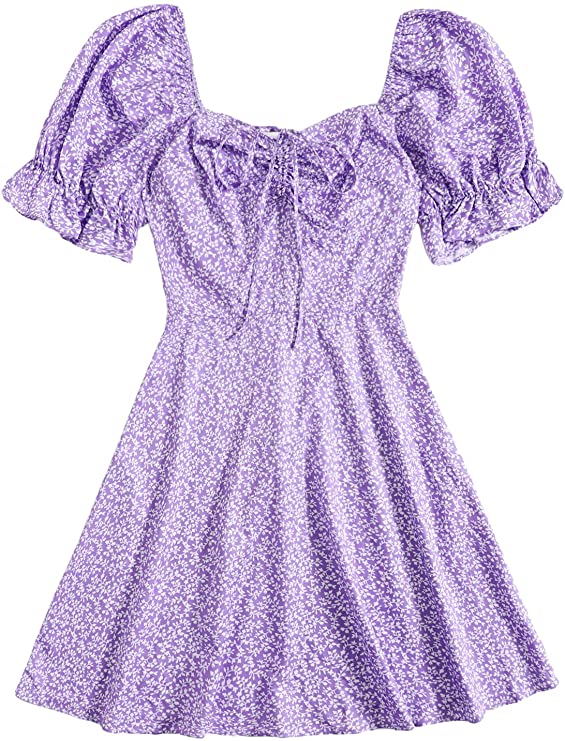 Women's Floral Puff Short Sleeve Flare Mini Dress Ruffle Drawstring Ruched Swing Short Dresses