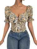 Women's Floral Puff Sleeve Shirred Blouse Tie Front Sweetheart Neck Slim Fit Shirt Crop Top