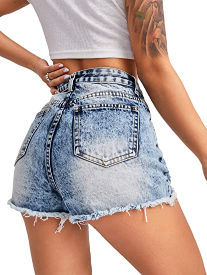 Women's Distressed High Waisted Jeans Shorts Ripped Raw Hem Denim Shorts with Pockets